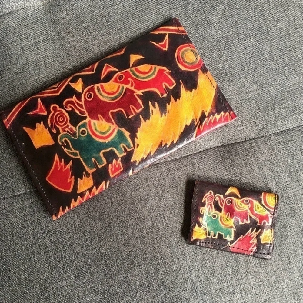 Colorful Elephant Wallet Clutch with Matching Coin Purse, Genuine Leather, Brown